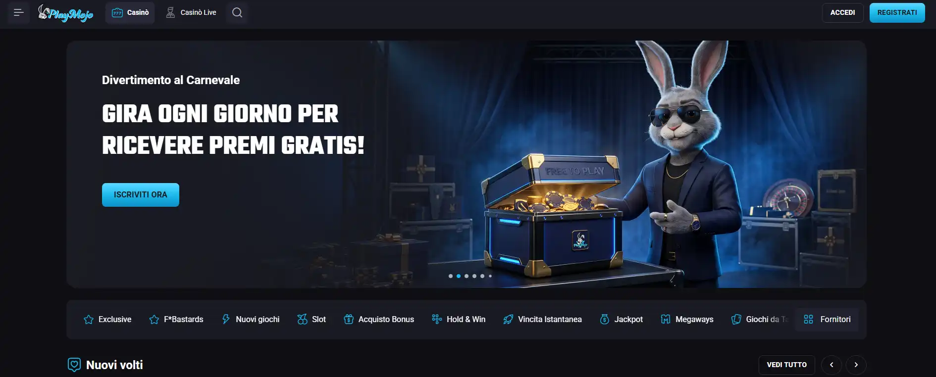 Homepage ufficiale PlayMojo con logo e lobby