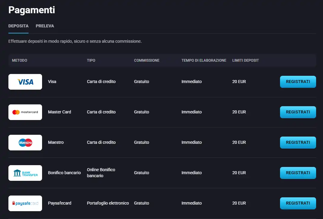 Pagina ufficiale PlayMojo Payments con metodi in EUR